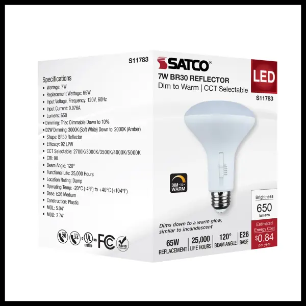 7 Watt BR30 LED - 27K/30K/35K/40K/50K CCT Selectable - Dim to Warm - White Finish - 120 Volt - Image 7