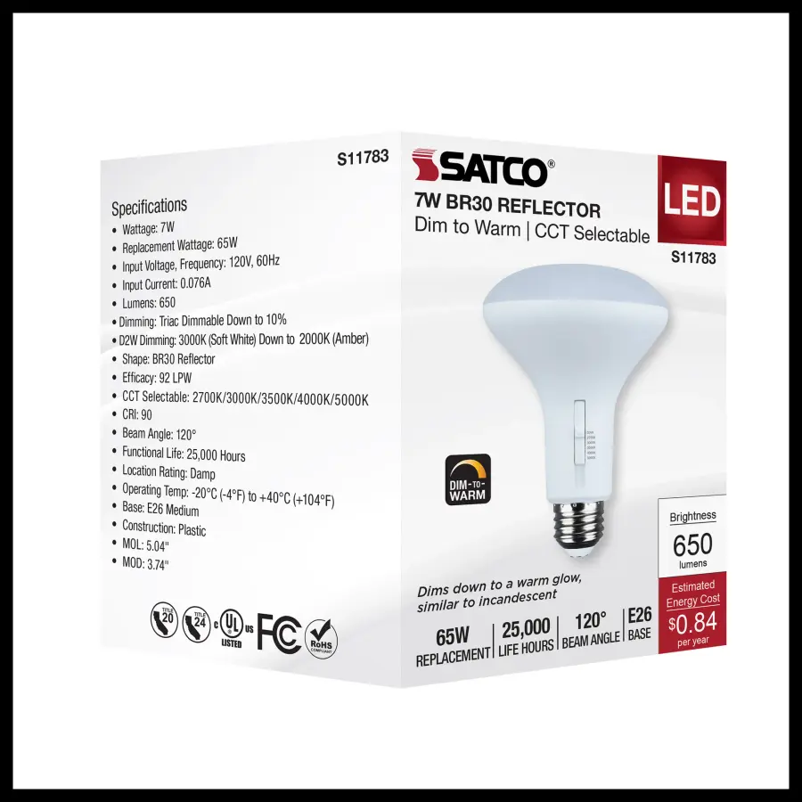 7 Watt BR30 LED - 27K/30K/35K/40K/50K CCT Selectable - Dim to Warm - White Finish - 120 Volt - Image 7