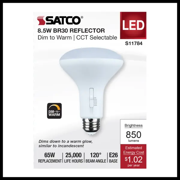 Transform your lighting experience with SATCO NUVO's LED reflector light bulbs. Designed for superior energy efficiency, these bulbs provide vibrant, true-to-life white light with an impressive CRI of 90. Available in R20, BR30, and BR40 shapes, these lamps fit seamlessly into a variety of fixtures to suit many different needs. Offering a 5 CCT range from a soft 2700K to a crisp 5000K, they also feature a dim-to-warm capability, allowing you to enjoy the nostalgic charm of traditional incandescent lighting with modern efficiency. This feature dims the light from 3000K to a cozy 2000K, creating a warm and inviting atmosphere. With a wide 120 degree beam angle, these bulbs are versatile enough to suit any environment, from living rooms and dining areas to offices, museums, and retail stores, ensuring the perfect ambiance for every setting. - alternate view