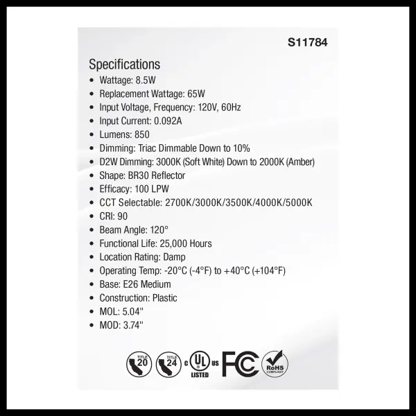 8.5 Watt BR30 LED - 27K/30K/35K/40K/50K CCT Selectable - Dim to Warm - White Finish - 120 Volt - Image 5
