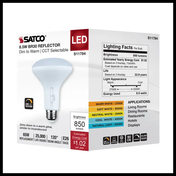 8.5 Watt BR30 LED - 27K/30K/35K/40K/50K CCT Selectable - Dim to Warm - White Finish - 120 Volt - Image 6
