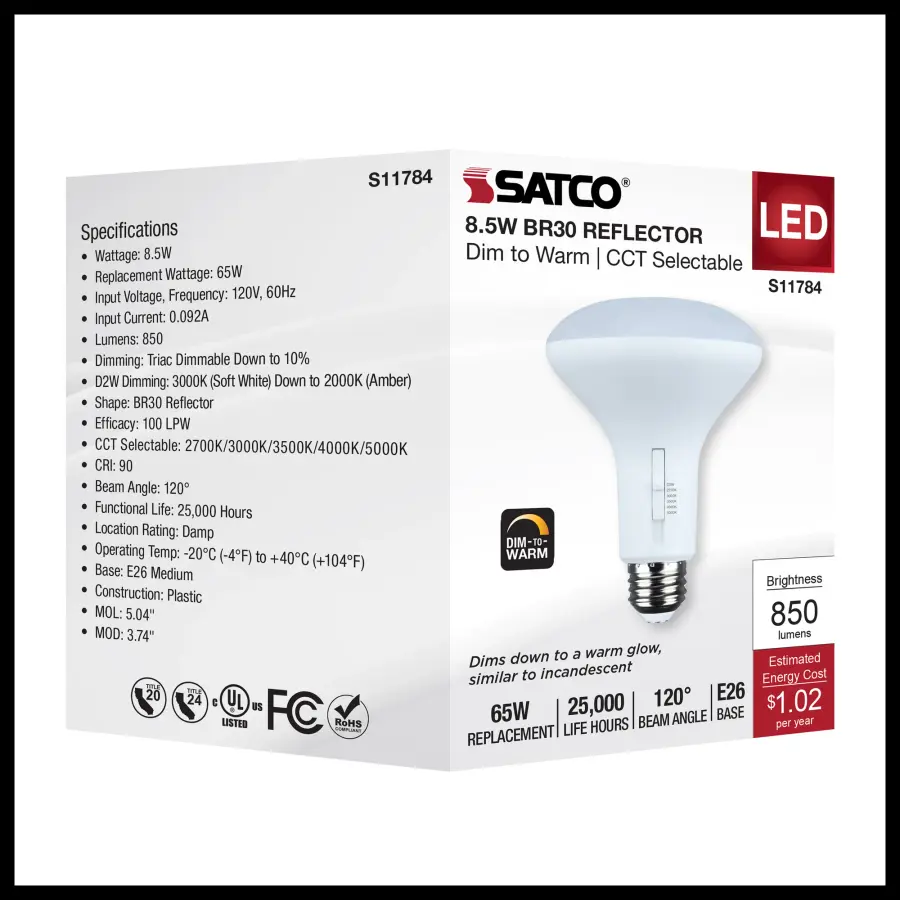 8.5 Watt BR30 LED - 27K/30K/35K/40K/50K CCT Selectable - Dim to Warm - White Finish - 120 Volt - Image 7