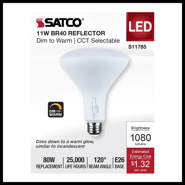 Transform your lighting experience with SATCO NUVO's LED reflector light bulbs. Designed for superior energy efficiency, these bulbs provide vibrant, true-to-life white light with an impressive CRI of 90. Available in R20, BR30, and BR40 shapes, these lamps fit seamlessly into a variety of fixtures to suit many different needs. Offering a 5 CCT range from a soft 2700K to a crisp 5000K, they also feature a dim-to-warm capability, allowing you to enjoy the nostalgic charm of traditional incandescent lighting with modern efficiency. This feature dims the light from 3000K to a cozy 2000K, creating a warm and inviting atmosphere. With a wide 120 degree beam angle, these bulbs are versatile enough to suit any environment, from living rooms and dining areas to offices, museums, and retail stores, ensuring the perfect ambiance for every setting. - alternate view