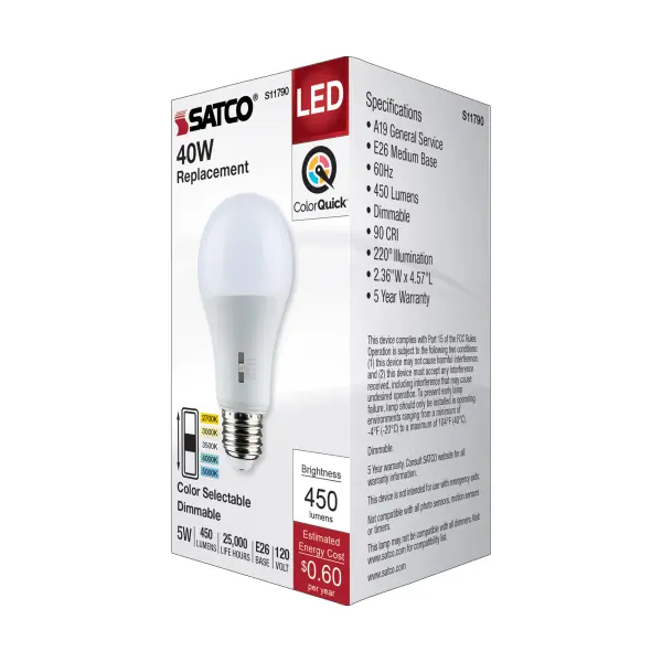 5 Watt A19 LED - Medium Base - CCT Selectable - 120 Volt - White Finish - Image 6
