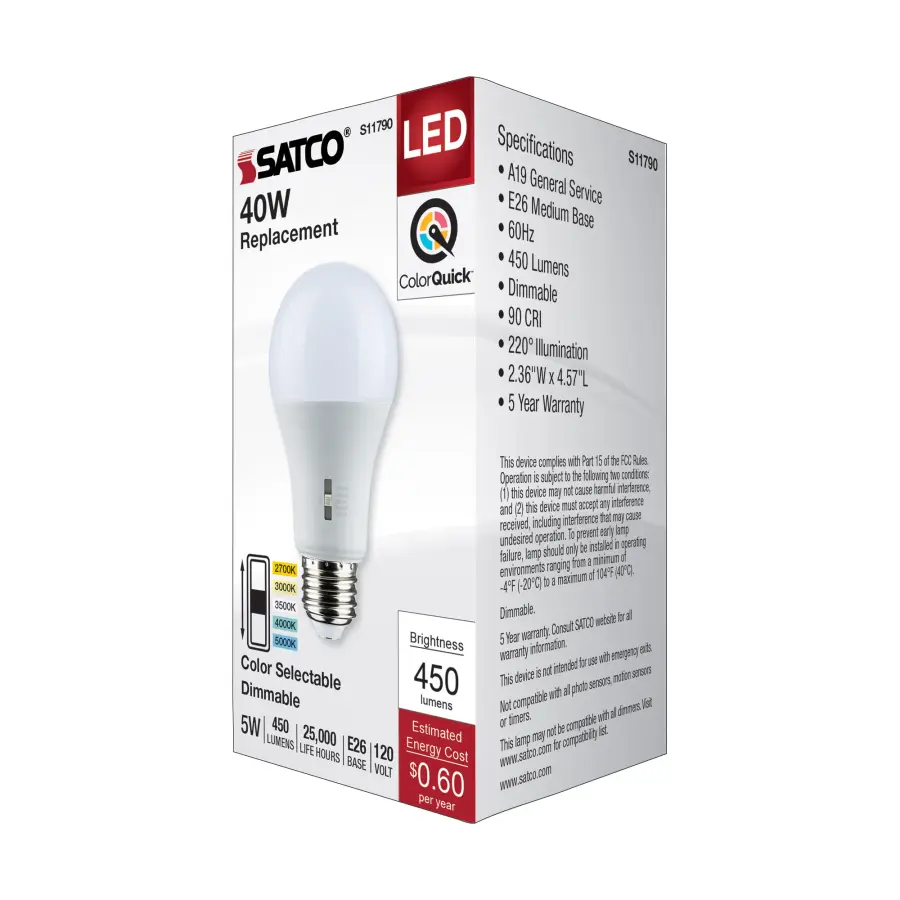 5 Watt A19 LED - Medium Base - CCT Selectable - 120 Volt - White Finish - Image 6