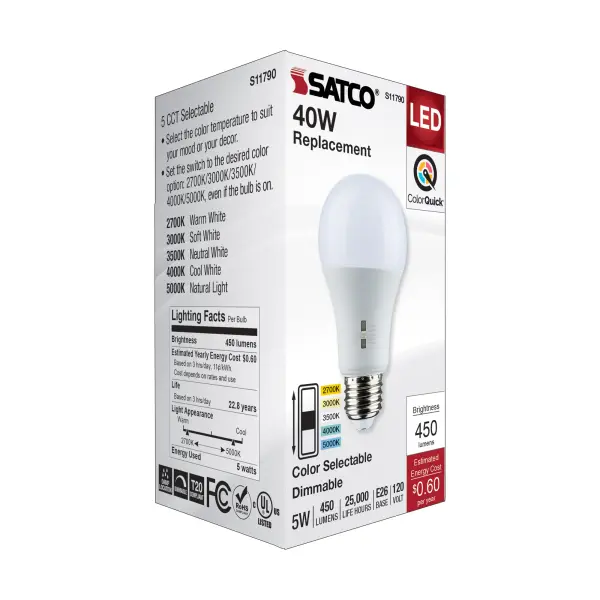 5 Watt A19 LED - Medium Base - CCT Selectable - 120 Volt - White Finish - Image 7