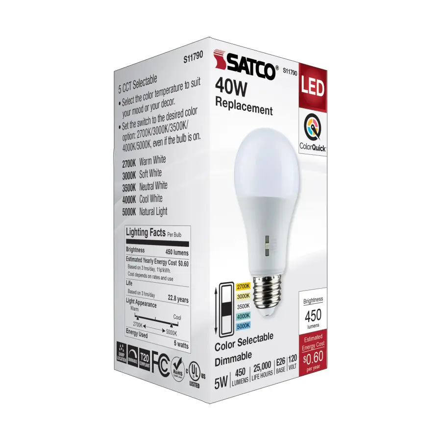 5 Watt A19 LED - Medium Base - CCT Selectable - 120 Volt - White Finish - Image 7