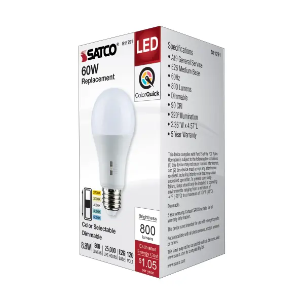 8.8 Watt A19 LED - Medium Base - CCT Selectable - 120 Volt - White Finish - Image 6