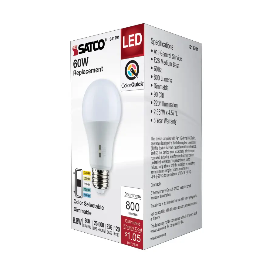 8.8 Watt A19 LED - Medium Base - CCT Selectable - 120 Volt - White Finish - Image 6