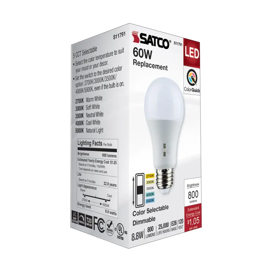 8.8 Watt A19 LED - Medium Base - CCT Selectable - 120 Volt - White Finish - Image 7