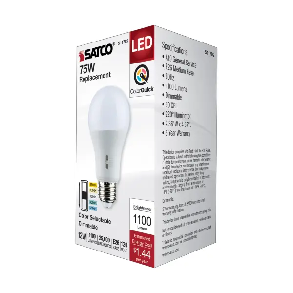 12 Watt A19 LED - Medium Base - CCT Selectable - 120 Volt - White Finish - Image 6