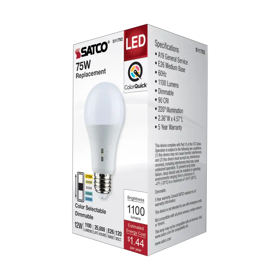 12 Watt A19 LED - Medium Base - CCT Selectable - 120 Volt - White Finish - Image 6
