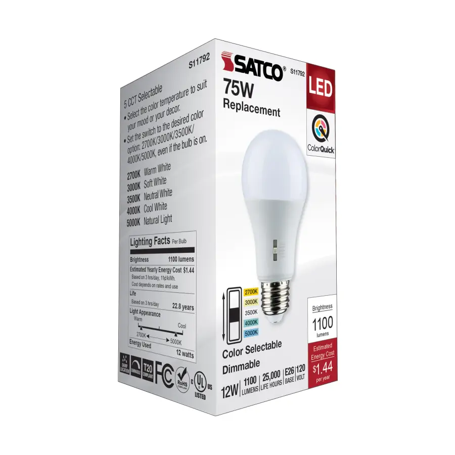 12 Watt A19 LED - Medium Base - CCT Selectable - 120 Volt - White Finish - Image 7