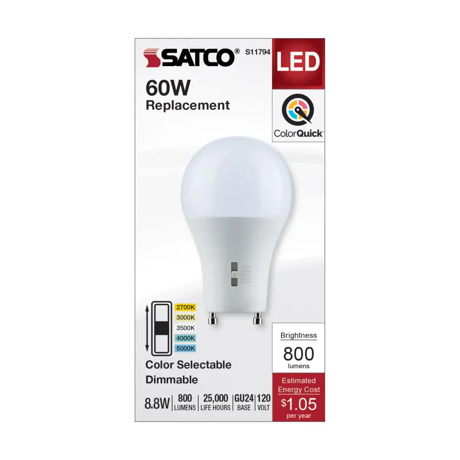 8.8 Watt A19 LED - Bi Pin GU24 Base - CCT Selectable - 120 Volt - White Finish - Image 4