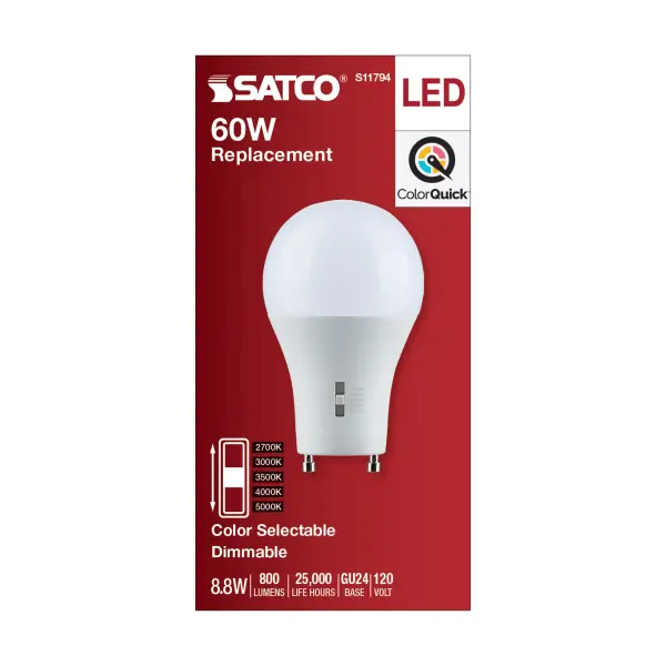 8.8 Watt A19 LED - Bi Pin GU24 Base - CCT Selectable - 120 Volt - White Finish - Image 5