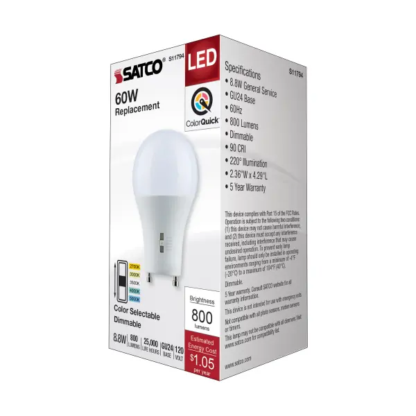 8.8 Watt A19 LED - Bi Pin GU24 Base - CCT Selectable - 120 Volt - White Finish - Image 6
