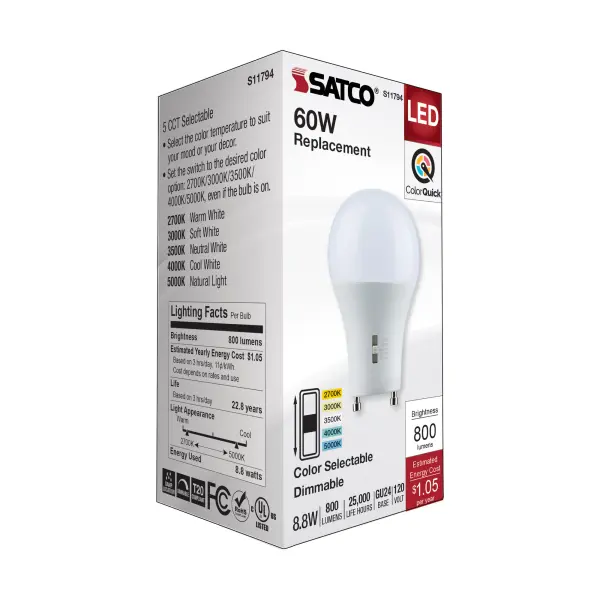 8.8 Watt A19 LED - Bi Pin GU24 Base - CCT Selectable - 120 Volt - White Finish - Image 7