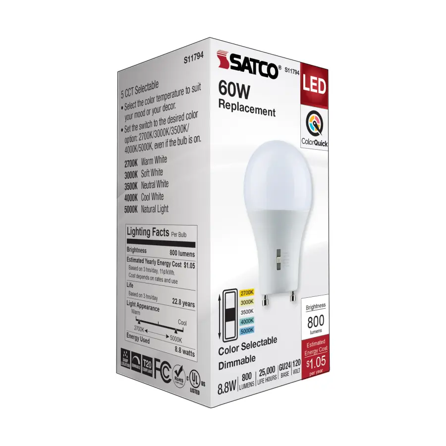 8.8 Watt A19 LED - Bi Pin GU24 Base - CCT Selectable - 120 Volt - White Finish - Image 7