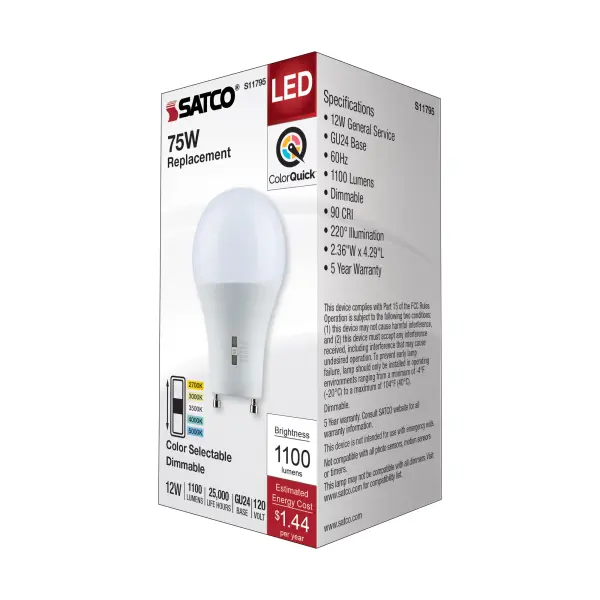 12 Watt A19 LED - Bi Pin GU24 Base - CCT Selectable - 120 Volt - White Finish - Image 6