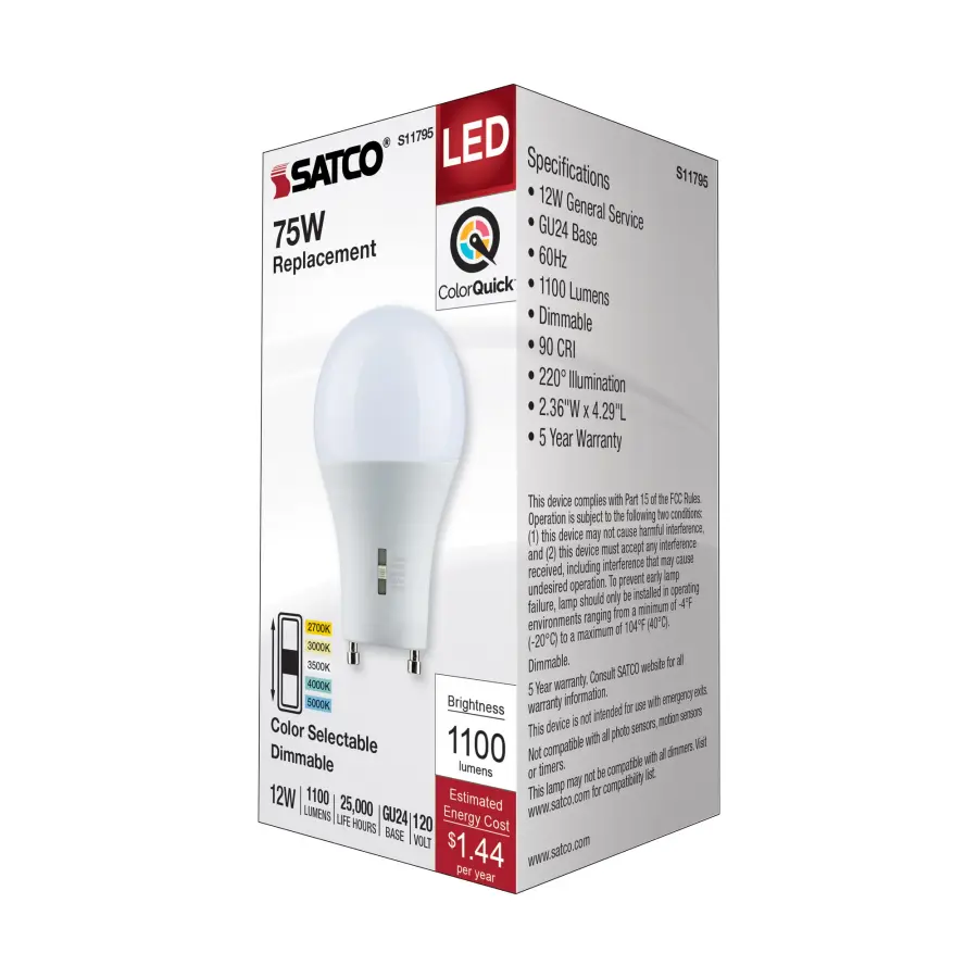 12 Watt A19 LED - Bi Pin GU24 Base - CCT Selectable - 120 Volt - White Finish - Image 6