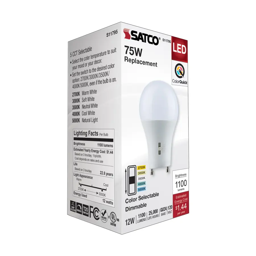 12 Watt A19 LED - Bi Pin GU24 Base - CCT Selectable - 120 Volt - White Finish - Image 7