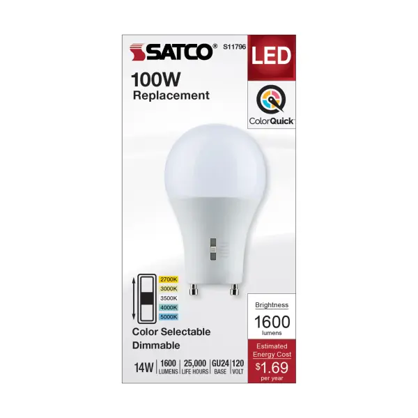 14 Watt A19 LED - Bi Pin GU24 Base - CCT Selectable - 120 Volt - White Finish - Image 4