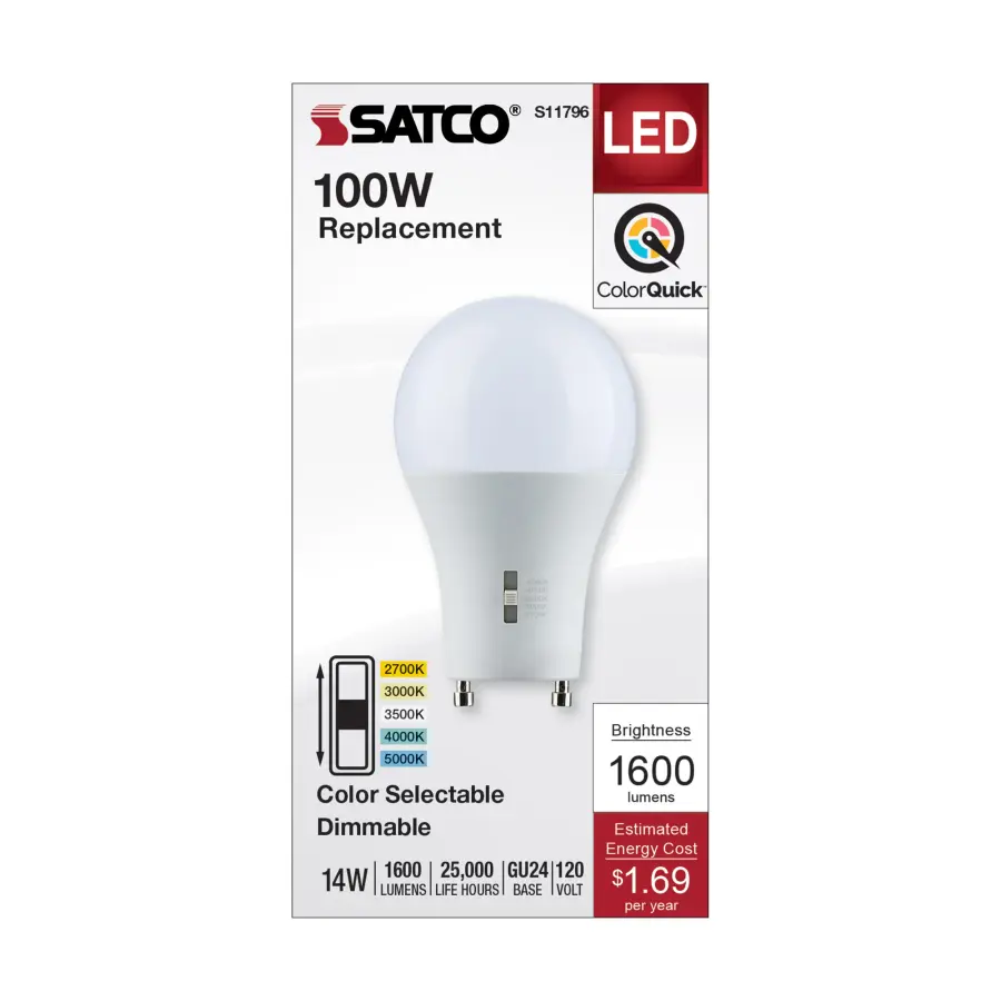 14 Watt A19 LED - Bi Pin GU24 Base - CCT Selectable - 120 Volt - White Finish - Image 4