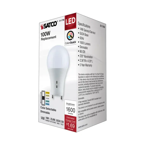 14 Watt A19 LED - Bi Pin GU24 Base - CCT Selectable - 120 Volt - White Finish - Image 6