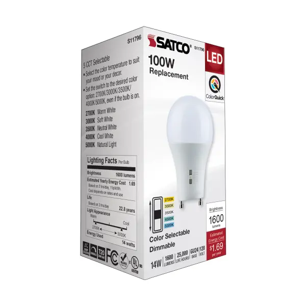 14 Watt A19 LED - Bi Pin GU24 Base - CCT Selectable - 120 Volt - White Finish - Image 7