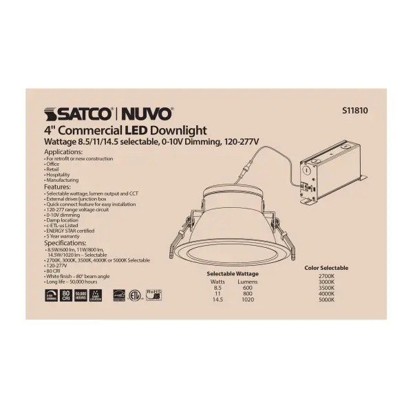14.5 Watt Commercial LED Downlight - 4 in. - Color Adjustable - Lumen Adjustable - 120-277 volt - Image 2