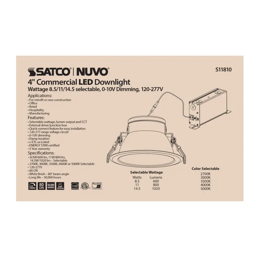 14.5 Watt Commercial LED Downlight - 4 in. - Color Adjustable - Lumen Adjustable - 120-277 volt - Image 2