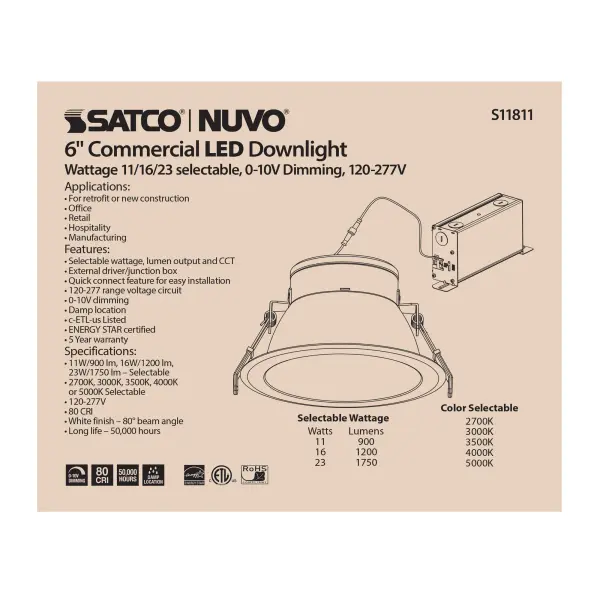 23 Watt Commercial LED Downlight - 6 in. - Color Adjustable - Lumen Adjustable - 120-277 volt - Image 11