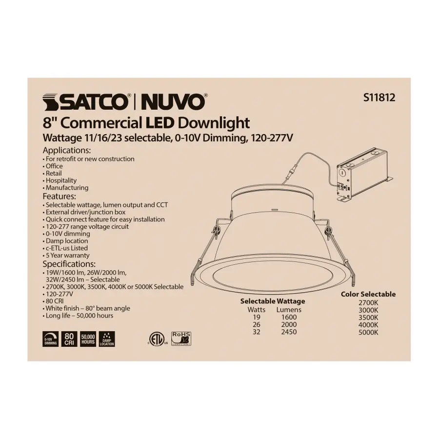 32 Watt Commercial LED Downlight - 8 in. - Color Adjustable - Lumen Adjustable - 120-277 volt - Image 2
