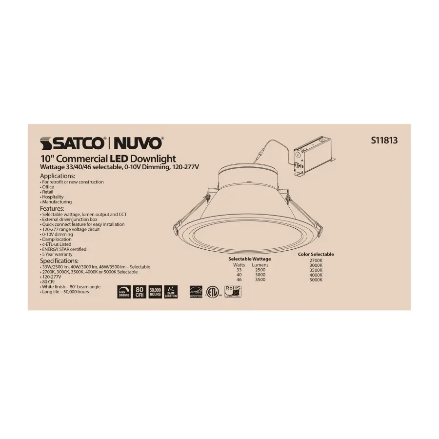 46 Watt Commercial LED Downlight - 10 in. - Color Adjustable - Lumen Adjustable - 120-277 volt - Image 4