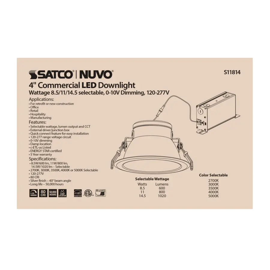 14.5 Watt Commercial LED Downlight - 4 in. - Color Adjustable - Lumen Adjustable - 120-277 volt - Image 3