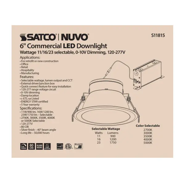 23 Watt Commercial LED Downlight - 6 in. - Color Adjustable - Lumen Adjustable - 120-277 volt - Image 8