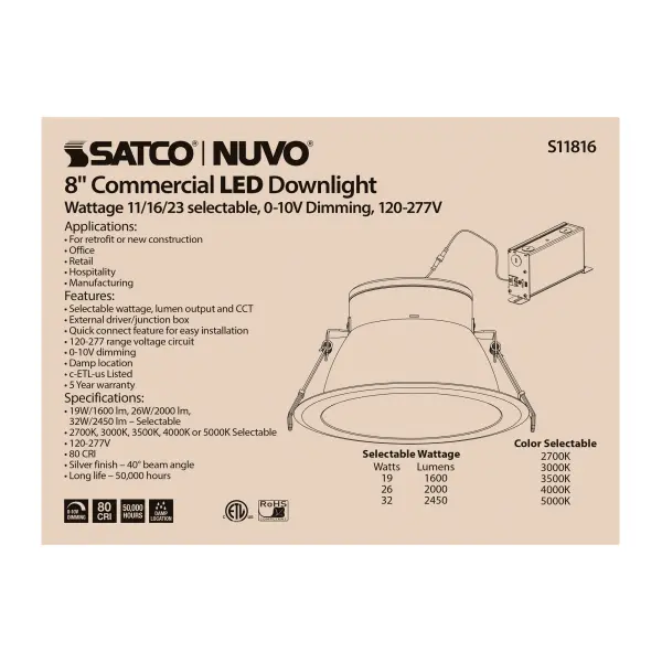 32 Watt Commercial LED Downlight - 8 in. - Color Adjustable - Lumen Adjustable - 120-277 volt - Image 3
