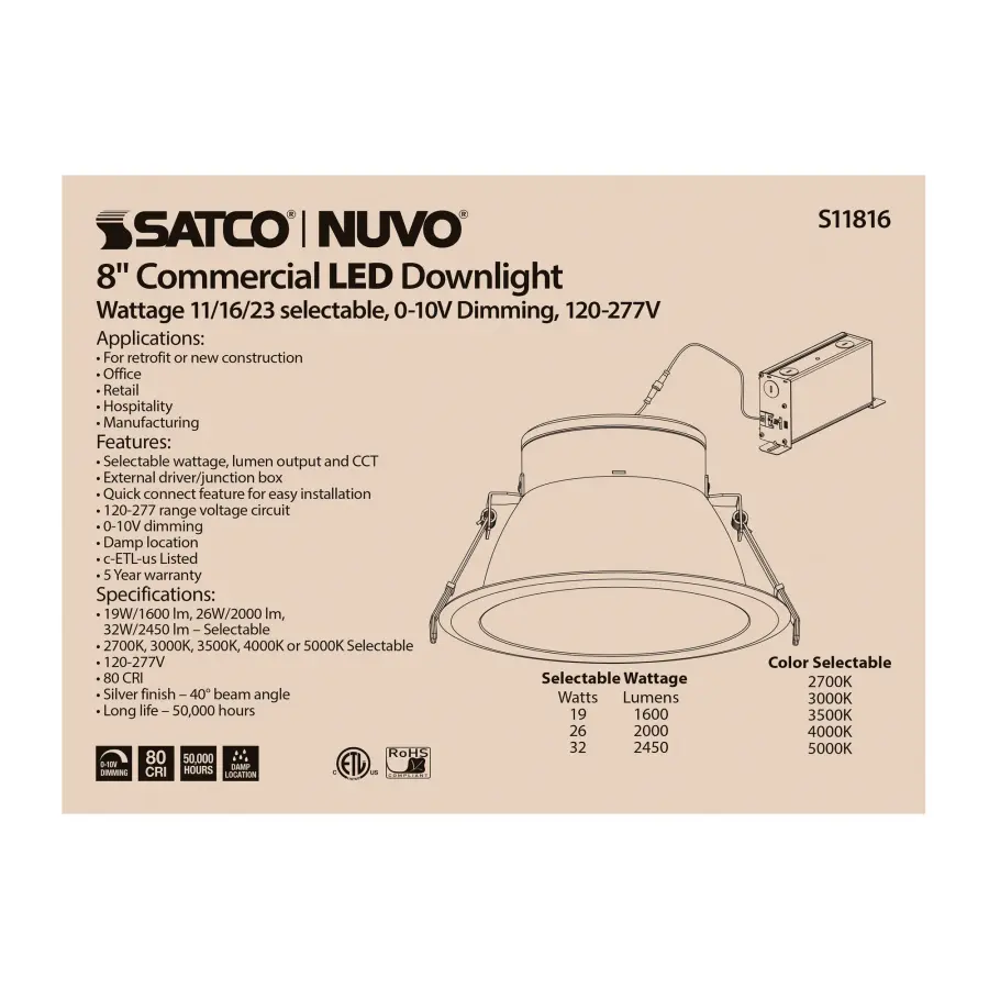 32 Watt Commercial LED Downlight - 8 in. - Color Adjustable - Lumen Adjustable - 120-277 volt - Image 3