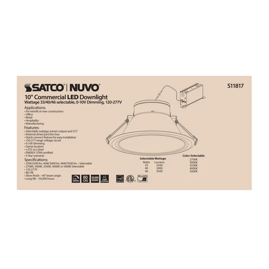 46 Watt Commercial LED Downlight - 10 in. - Color Adjustable - Lumen Adjustable - 120-277 volt - Image 3