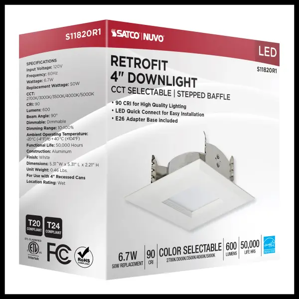 6.7 Watt LED Downlight Retrofit - 4 Inches - CCT Selectable - Square - White Finish - 120 Volt - Image 14