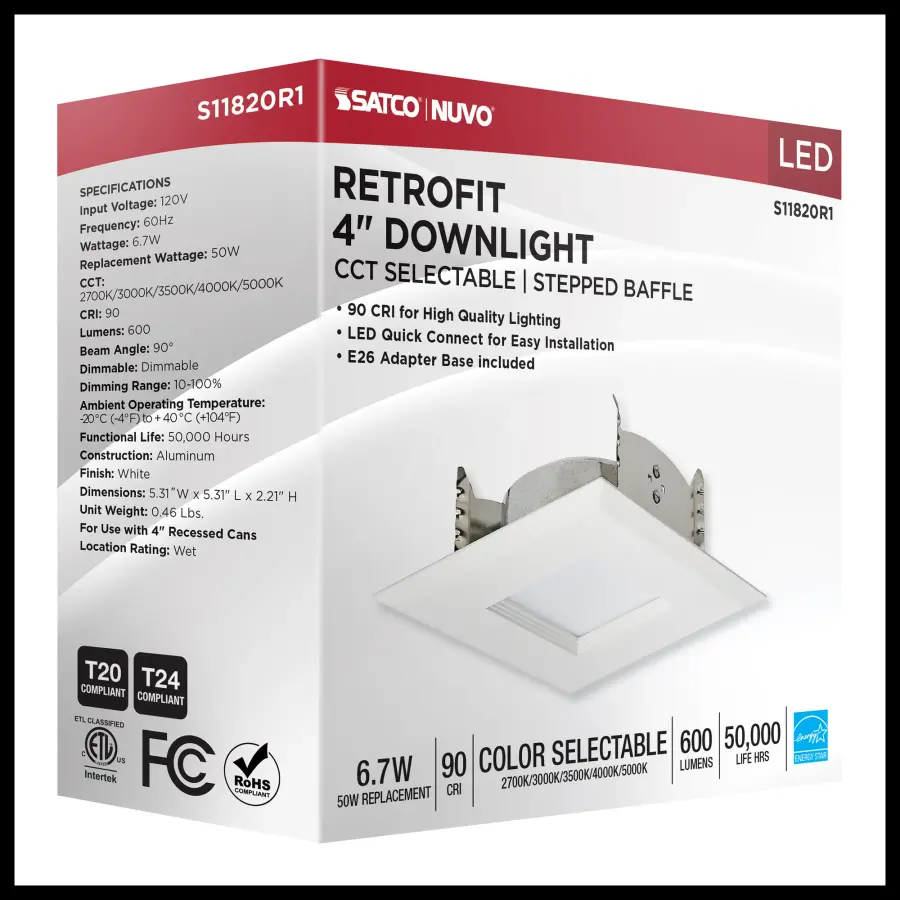 6.7 Watt LED Downlight Retrofit - 4 Inches - CCT Selectable - Square - White Finish - 120 Volt - Image 14
