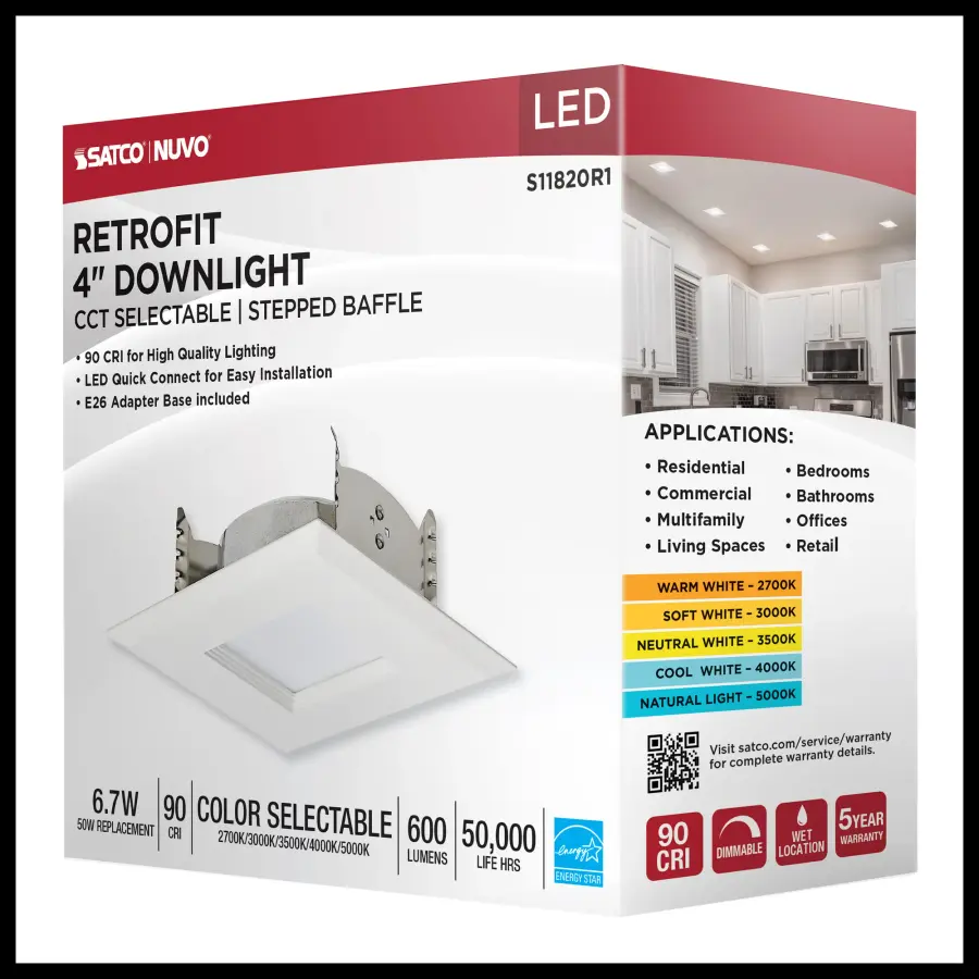 6.7 Watt LED Downlight Retrofit - 4 Inches - CCT Selectable - Square - White Finish - 120 Volt - Image 15