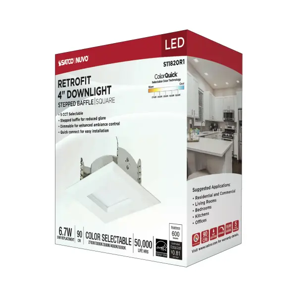 6.7 Watt LED Downlight Retrofit - 4 Inches - CCT Selectable - Square - White Finish - 120 Volt - Image 16