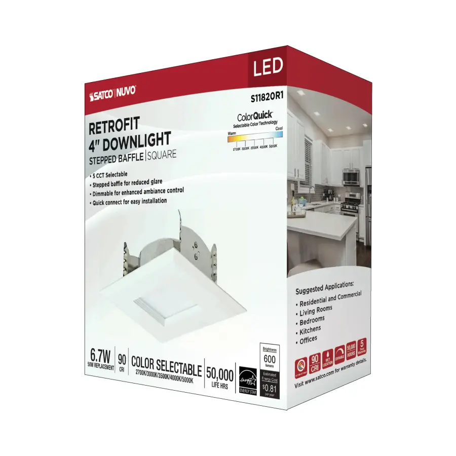 6.7 Watt LED Downlight Retrofit - 4 Inches - CCT Selectable - Square - White Finish - 120 Volt - Image 16