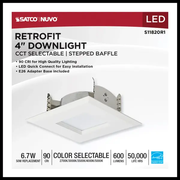 6.7 Watt LED Downlight Retrofit - 4 Inches - CCT Selectable - Square - White Finish - 120 Volt - Image 10