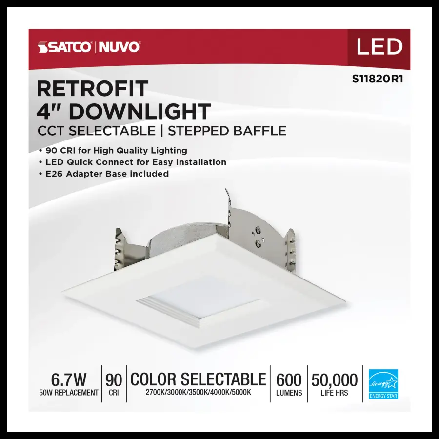 6.7 Watt LED Downlight Retrofit - 4 Inches - CCT Selectable - Square - White Finish - 120 Volt - Image 10