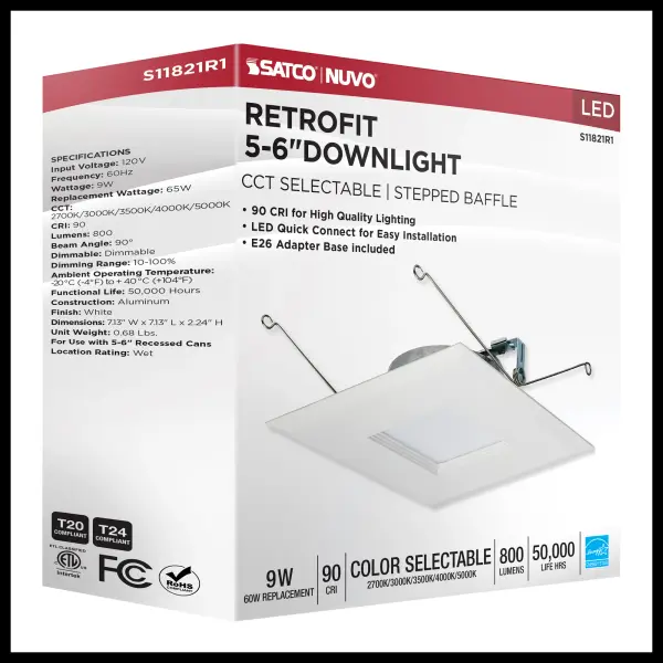 9 Watt LED Downlight Retrofit - 5-6 Inches - CCT Selectable - Square - White Finish - 120 Volt - Image 14