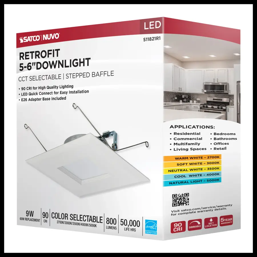 9 Watt LED Downlight Retrofit - 5-6 Inches - CCT Selectable - Square - White Finish - 120 Volt - Image 15