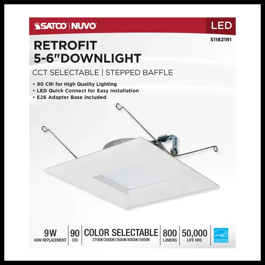 9 Watt LED Downlight Retrofit - 5-6 Inches - CCT Selectable - Square - White Finish - 120 Volt - Image 10