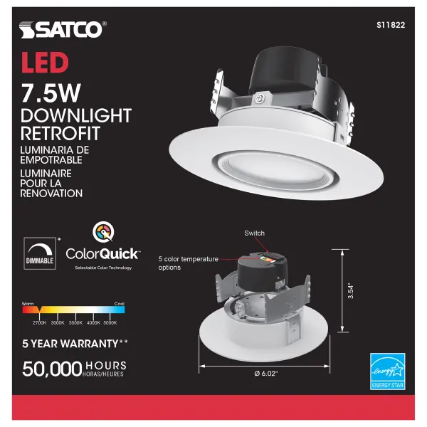 7.5 Watt LED Directional Retrofit Downlight - Gimbaled - 4 in. - Adjustable Color Temperature - 60 deg. Beam Angle - 120 Volt - Image 9